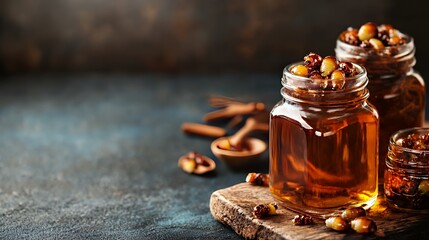 Jars of aromatic honey with herbs and spices on a rustic wooden board.
