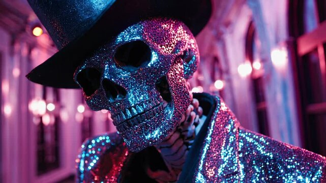 Glittering skeleton wearing top hat in elegant location