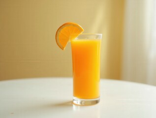 Fresh orange juice in glass with slice on rim on white table