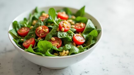 Fresh green salad with tomatoes and dressing on white table