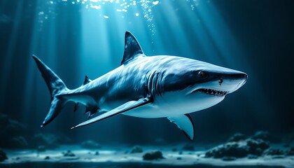 Naklejka premium Great White Shark Swimming Underwater with Sun Rays Through the Ocean