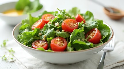 Fresh green salad with tomatoes and dressing on white table
