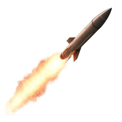 close up a missile is flying isolated on white background
