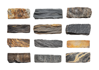 Various textured stone pieces showcasing natural colors and patterns for art and design use, cut out