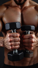 Muscular torso with dumbbells in hand Fitness bodybuilding health and lifestyle Focus on exercise