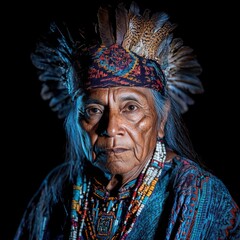 Obraz premium Indigenous elder in traditional attire embodying cultural heritage