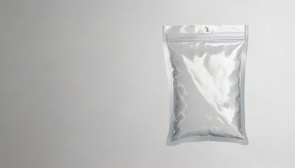 a silver, sealed pouch packaging concept for various products, ideal for design presentation, marketing, and branding purposes. The package has a ziplock seal