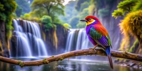 A Vibrant Rainbow Bird Perched on a Branch, Cascading Waterfall in the Background