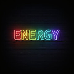 Obraz premium Vibrant energy neon light typography on dark brick wall glowing modern urban nightlife concept dynamic