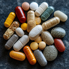 variety of colorful dietary supplements and vitamins arranged dark surface, showcasing different shapes and sizes. assortment includes capsules, tablets, and soft gels, reflecting health and