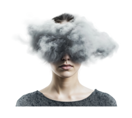 Concept of mental cloudiness represented by a woman with a cloud obscuring her head in a minimalist style for artistic exploration, cut out
