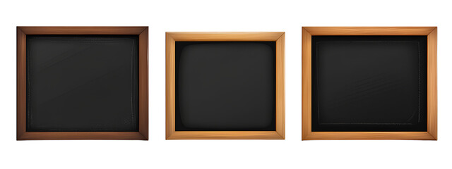  Set of three wooden blackboards with frames, isolated on a transparent background. Cutout PNG file