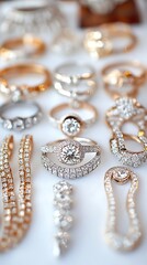 Jewelry display, rings, gems, diamonds, white surface