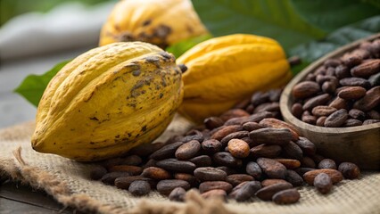 Cocoa pods and roasted cacao beans close-up.  Close-up of ripe yellow cocoa pods with roasted cacao beans in a wooden bowl, showcasing the raw ingredients for chocolate production