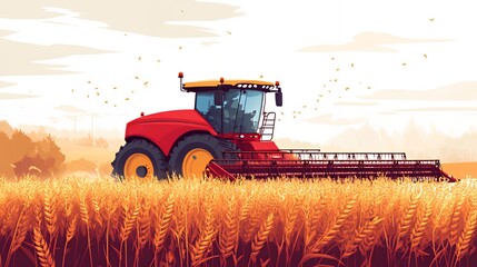 Obraz premium A vibrant red tractor harvesting golden wheat in a sunny landscape.