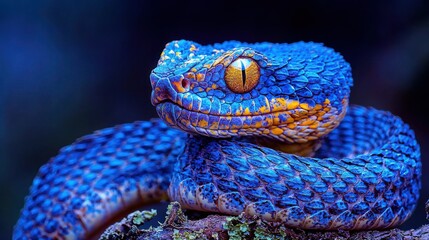 Fototapeta premium Close-up of vibrant blue venomous snake in jungle setting