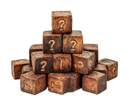 Wooden blocks with question marks stacked in a pyramid for curiosity and mystery concepts in design or education, cut out