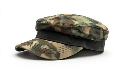 Fototapeta premium A camo-print flat cap with adjustable strap, isolated white background