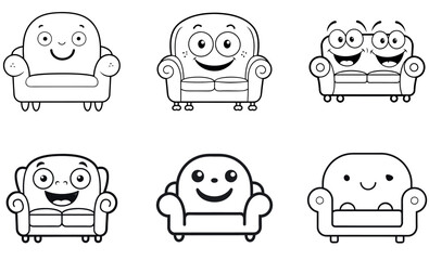 black and white illustrations of cartoon characters, likely for coloring books or children's media, sitting on different types of furniture.