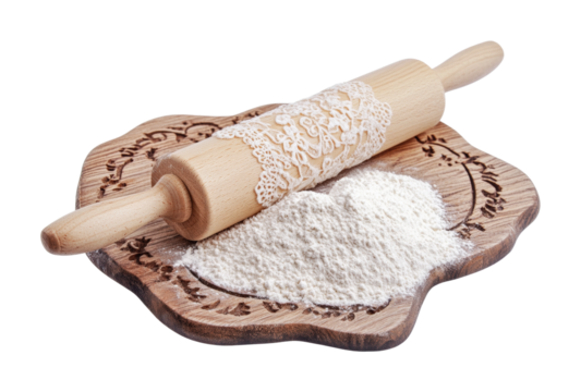 Rolling pin and flour on wooden board for baking and cooking preparations in a cozy kitchen setting, cut out