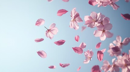 Pink Flowers And Petals Floating Against A Light Blue Sky