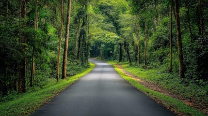 Fototapeta premium Winding road through verdant tropical rainforest with dense green foliage