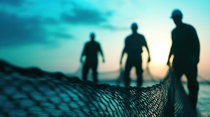 Group of Scientists Conducting Marine Research at Sunset Coastline