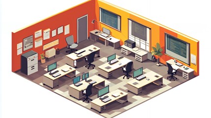 Stylish modern office space with vibrant orange walls and multiple workstations.
