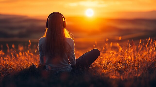 A young woman enjoying a sunset while listening to music in a serene field.