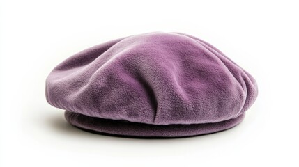 A chic beret-style cap in soft lavender, isolated white background 