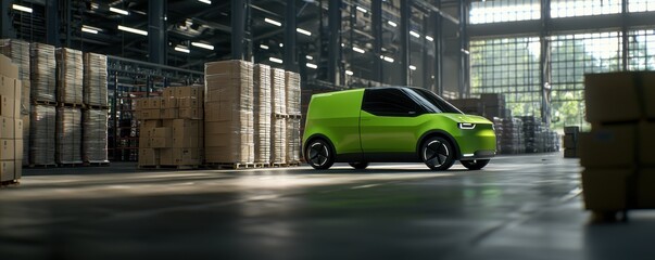 Compact Electric Van in Bright Green Color Inside Warehouse Space