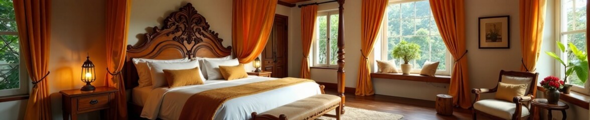 Cozy retreat with canopy bed and hand-carved wood decor, cozy, Indonesia