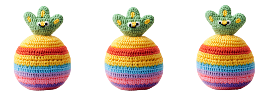  Three knitted toys in the shape of a pineapple, on a transparent background, in a PNG file with a white border around them