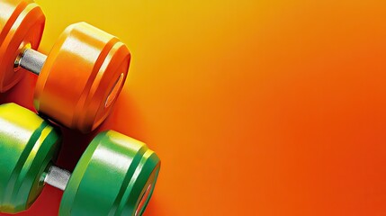 Colorful dumbbells on orange background, fitness workout, gym equipment