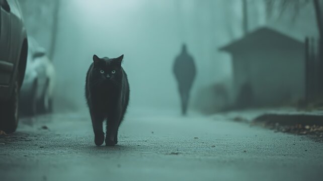 Black Cat on Foggy Street at Night