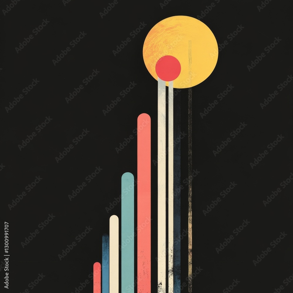 Poster abstract ascent: geometric forms reaching for celestial bodies amidst a dark void