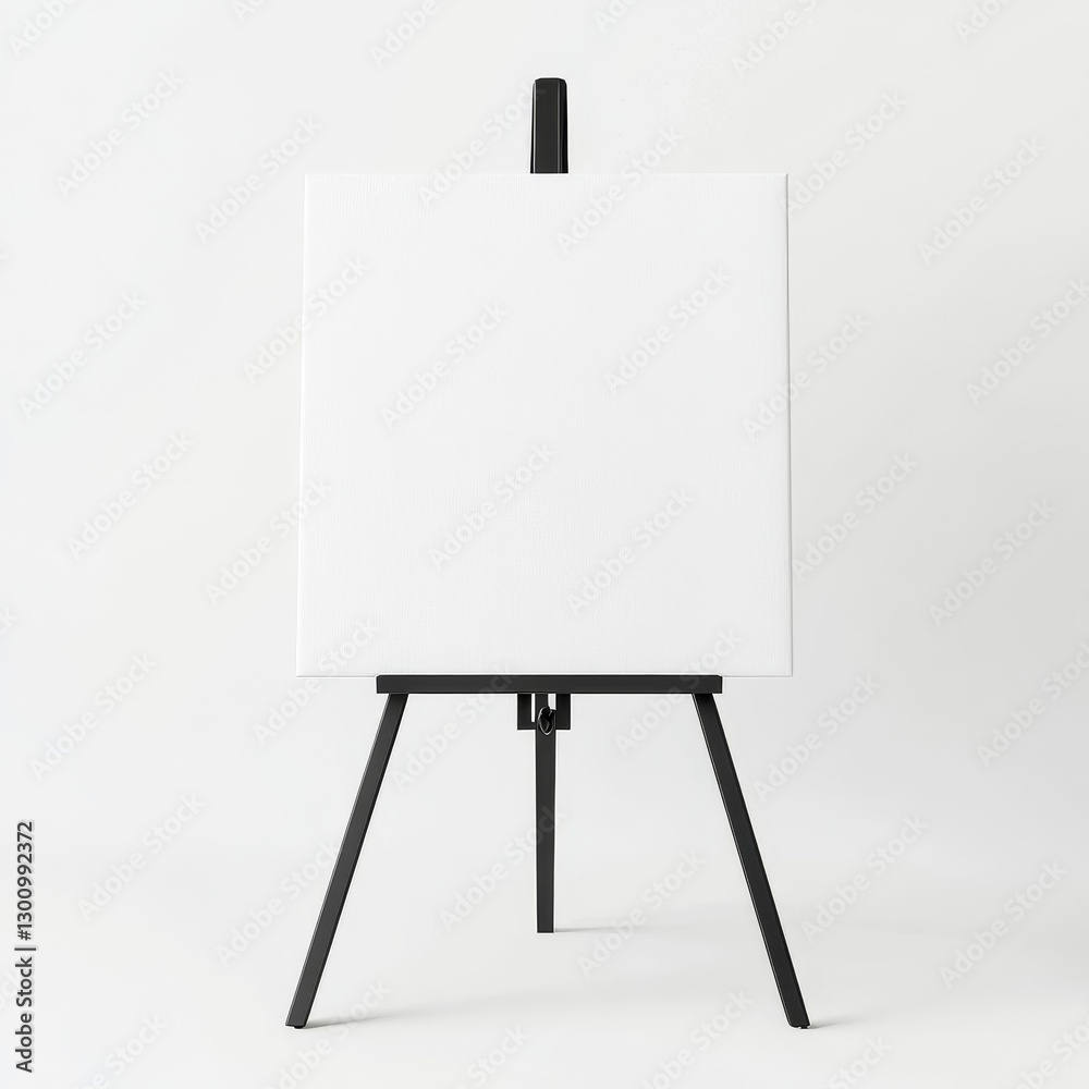 Aufkleber a minimalist shot of a blank square canvas on a black easel against a white background.