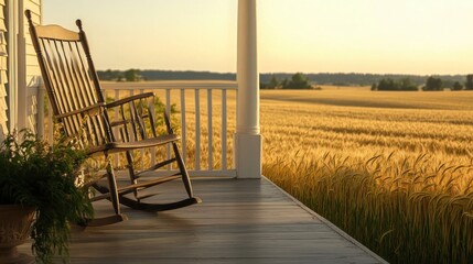 A wooden rocking chair sits on a porch overlooking a field