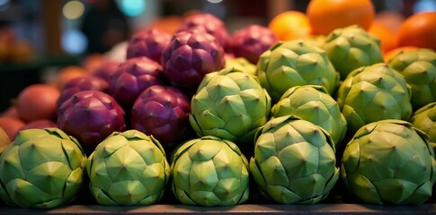 Obraz premium Close-up of fresh artichokes on display at bustling Italian market, produce, agriculture
