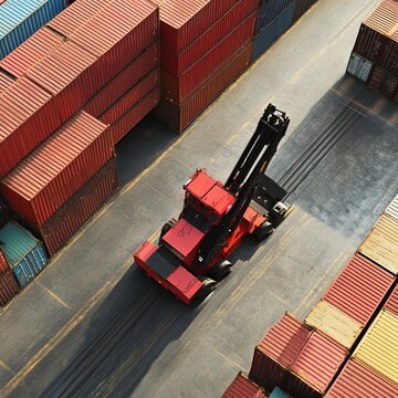 Container Terminal Operation: Top-down view of a straddle carrier amidst stacked shipping containers.