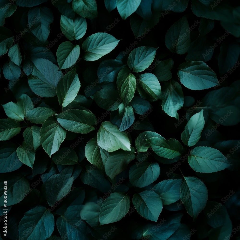 Poster emerald canopy: a captivating close-up of lush green leaves in deep shadow, a natural tapestry of te