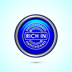 Rich in antioxidants icon design illustration. Antioxidant rich food label sign symbol, Blue color round button design