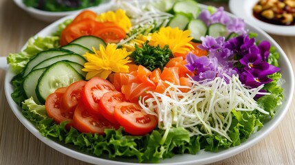 Delicate slices of salmon rest atop a crisp bed of lettuce, cucumber, and bean sprouts, drizzled with a fragrant sesame oil dressing.