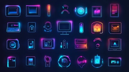 Vibrant neon icons representing technology and security on a dark background.
