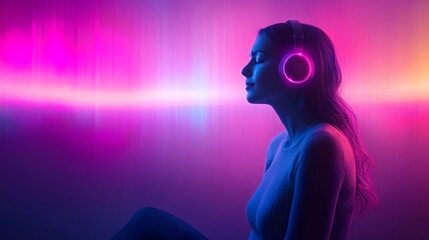 Young woman enjoying music with neon headphones against vibrant background.