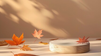 Empty podium with maple leaves on beige background with shadows for product presentation.