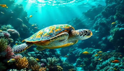 Naklejka premium Sea Turtle Swimming Through a Vibrant Coral Reef Underwater Scene