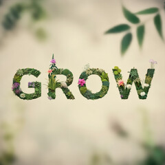 Inspirational typography concept with word grow made of plants flowers and soil on neutral background nature and sustainability