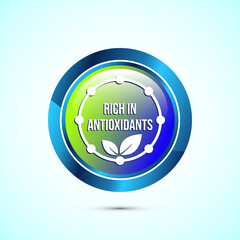 Rich in antioxidants icon design illustration. Antioxidant rich food label sign symbol, Glossy round button design