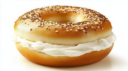 A golden, toasted bagel sits elegantly on a plate, generously layered with silky cream cheese, ready to be savored in the morning light.